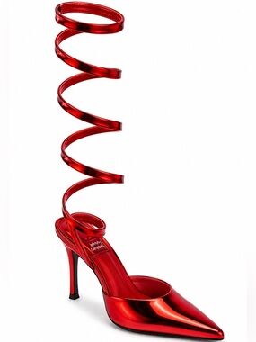 Jeffrey Campbell Candy Apple Red Mirror Patent Leather Wrap Stiletto Shoes 7